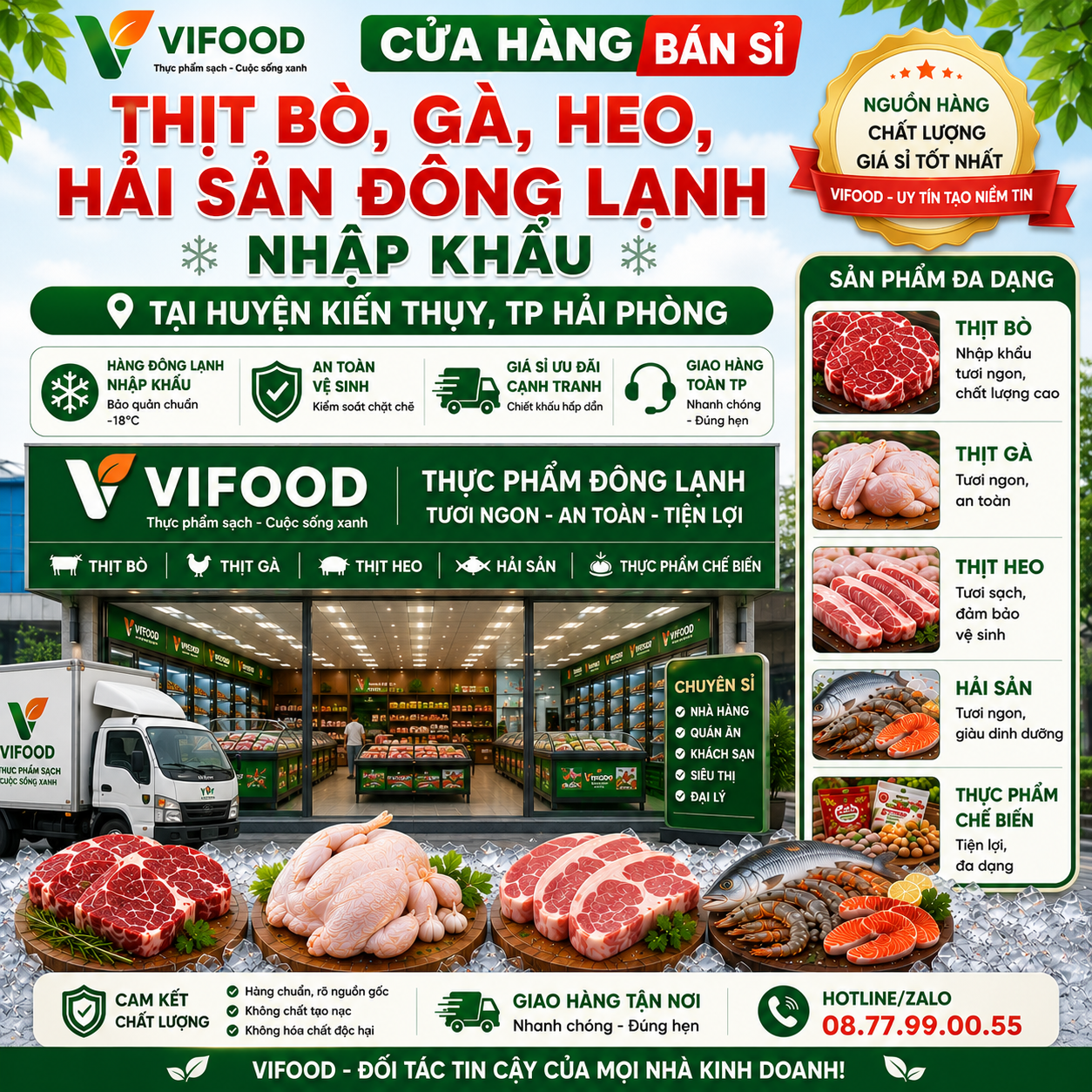 Bán sỉ thịt bò gà heo hải sản đông lạnh nhập khẩu tại Huyện Kiến Thụy Hải Phòng