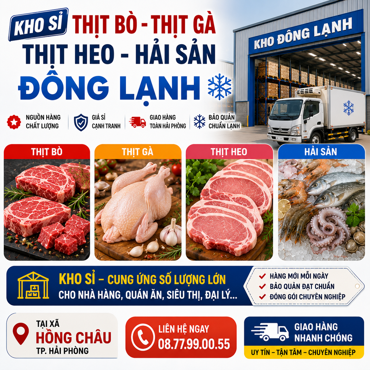 Kho Sỉ Thịt Bò, Thịt Gà, Thịt Heo, Hải Sản Đông Lạnh tại Xã Hồng Châu, Thành phố Hải Phòng
