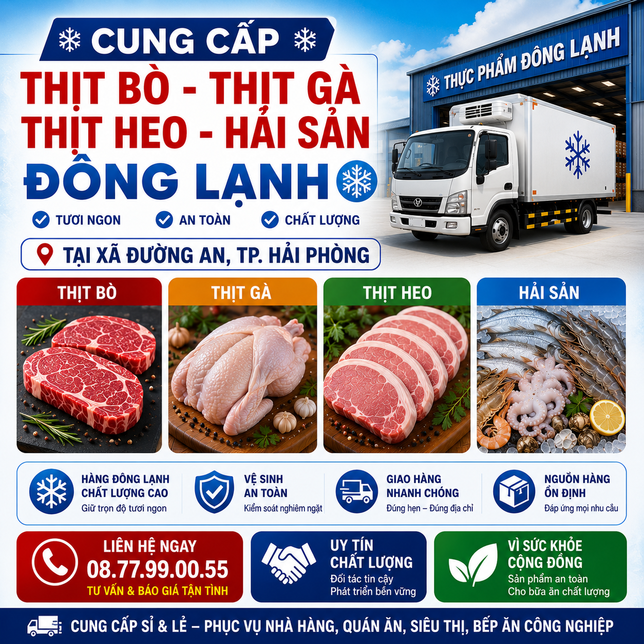 Cung Cấp Thịt Bò, Thịt Gà, Thịt Heo, Hải Sản Đông Lạnh tại Xã Đường An, Thành phố Hải Phòng