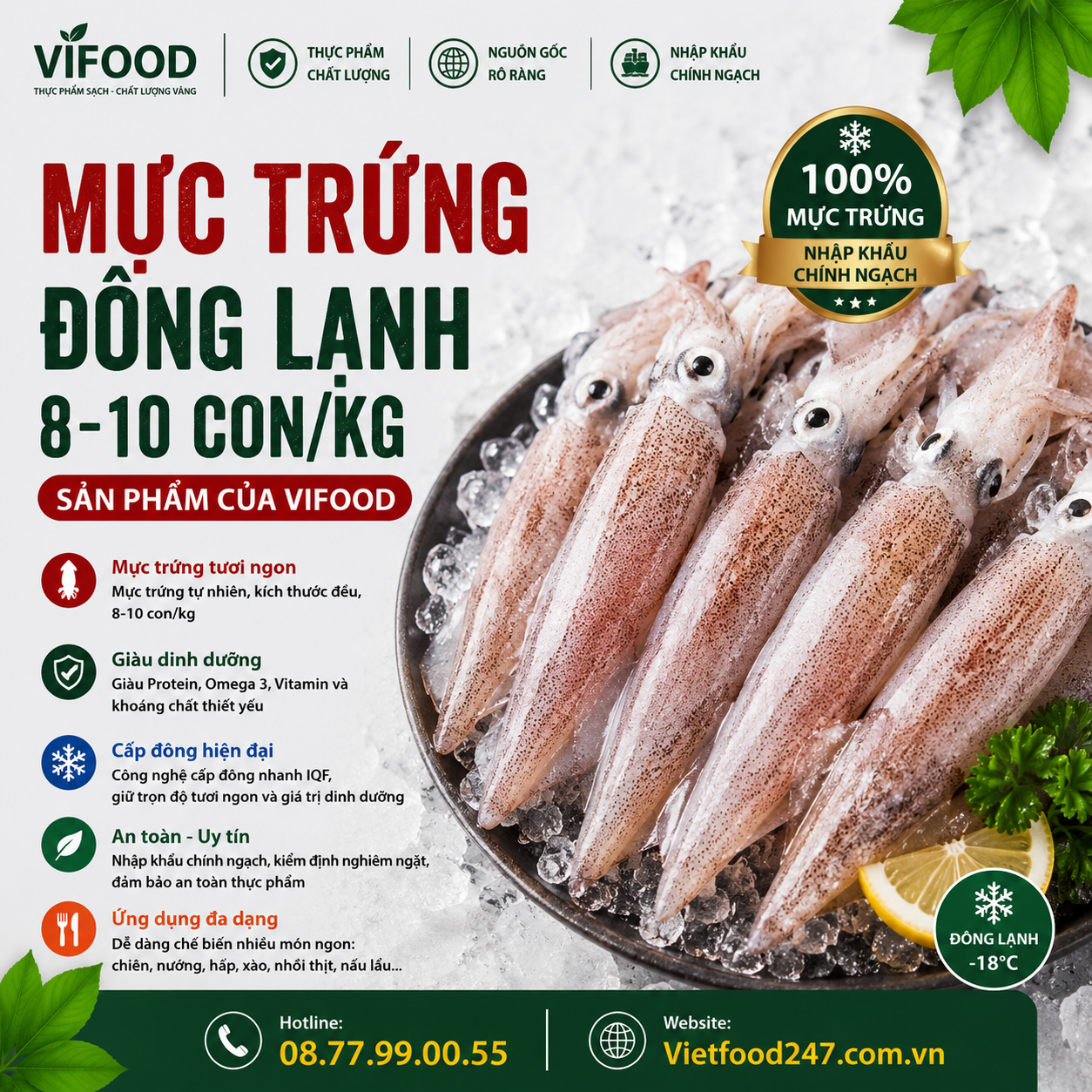 Mực trứng đông lạnh 8-10 con/kg