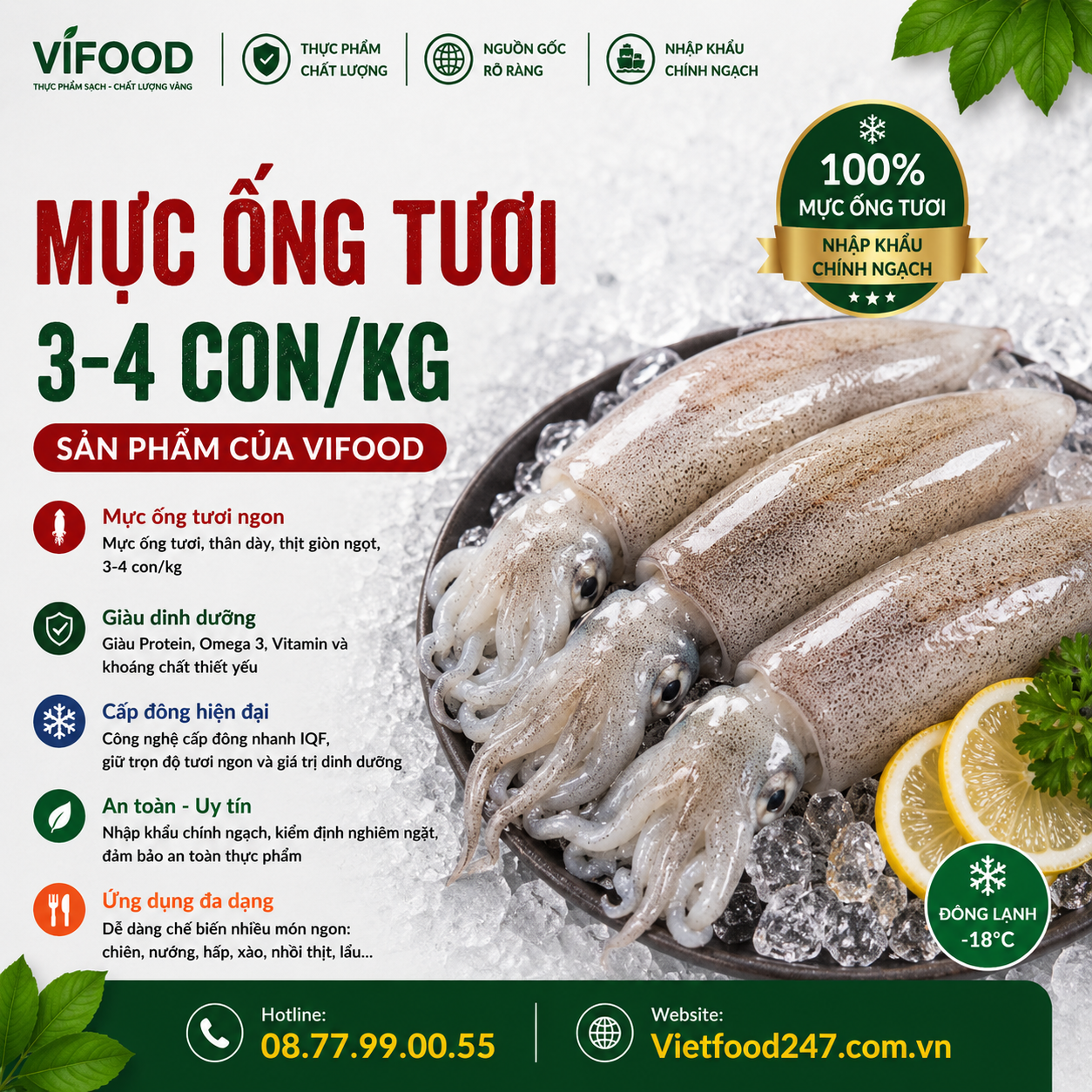 Mực ống tươi 3-4 con/kg