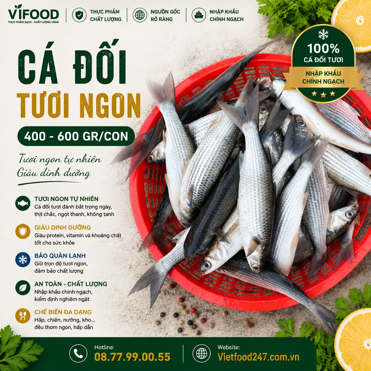 Cá đối tươi size 400-600 gr/con