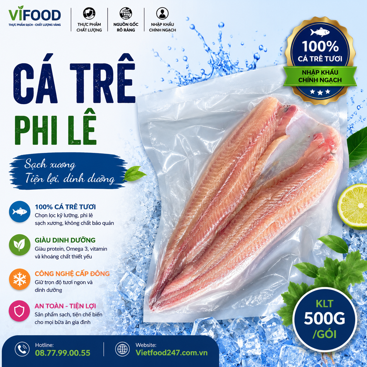 Cá Trê phi lê sạch xương 500g/gói