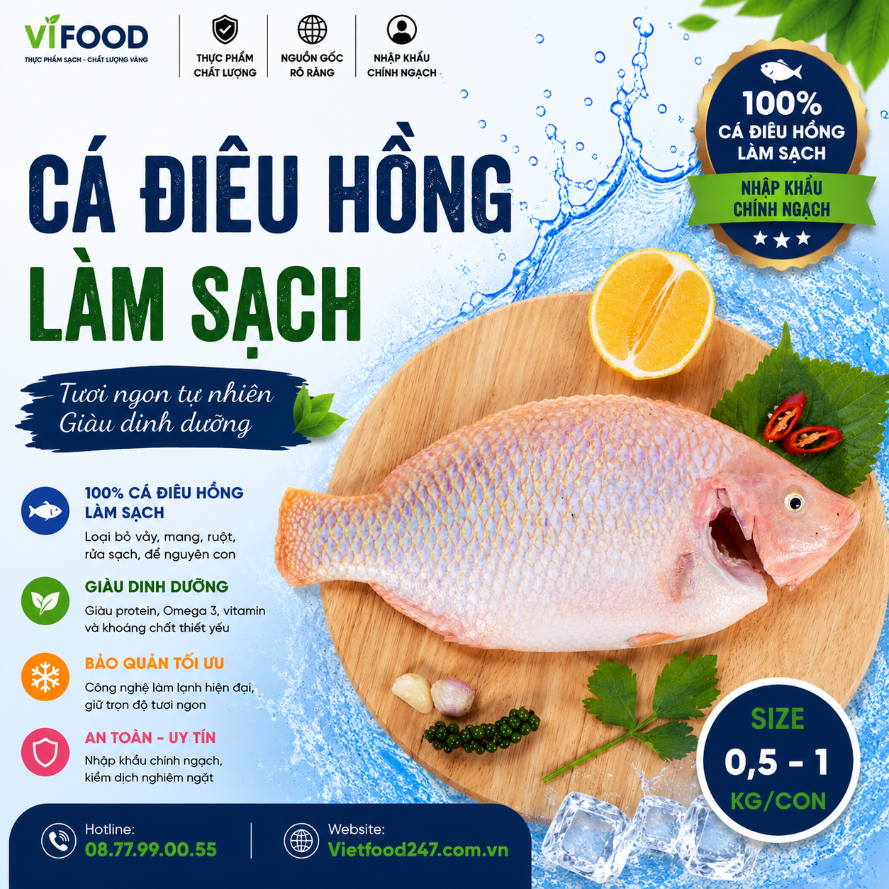 Cá điêu hồng làm sạch 0,5-1 kg/con