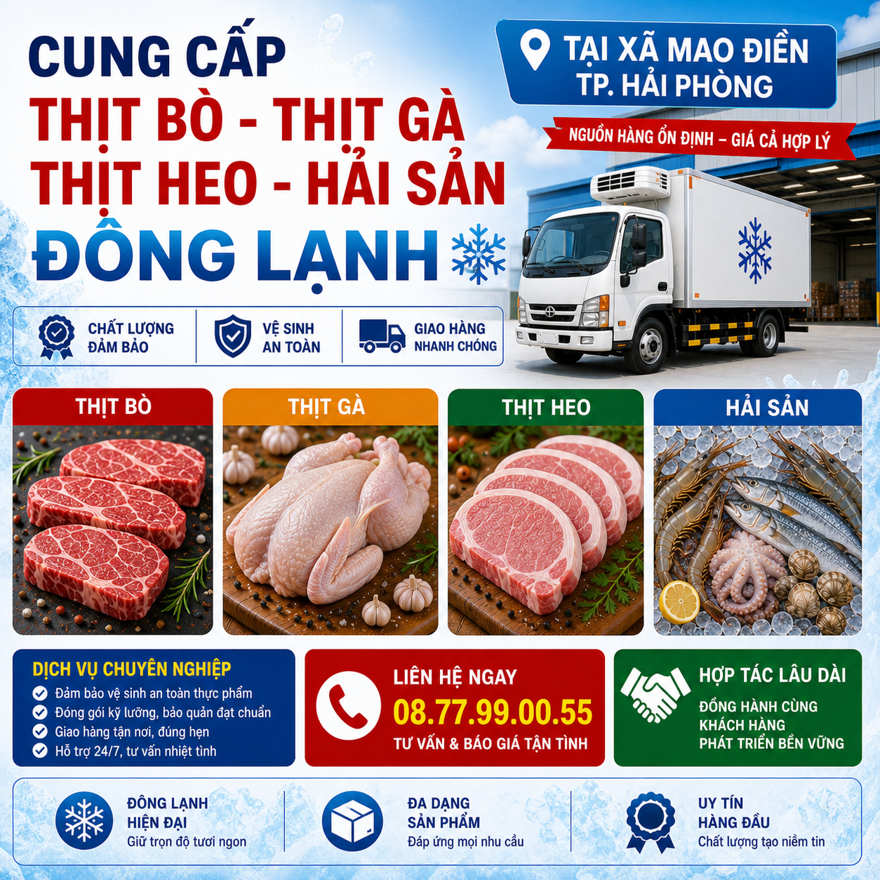 Cung Cấp Thịt Bò, Thịt Gà, Thịt Heo, Hải Sản Đông Lạnh tại Xã Mao Điền, Thành phố Hải Phòng