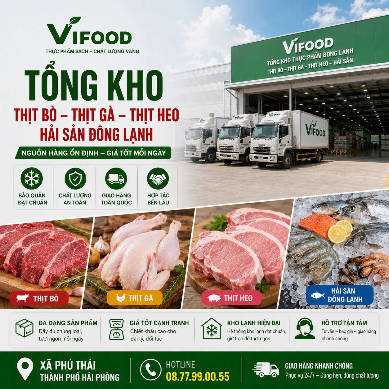 Tổng Kho Thịt Bò, Thịt Gà, Thịt Heo, Hải Sản Đông Lạnh tại Xã Phú Thái, Thành phố Hải Phòng