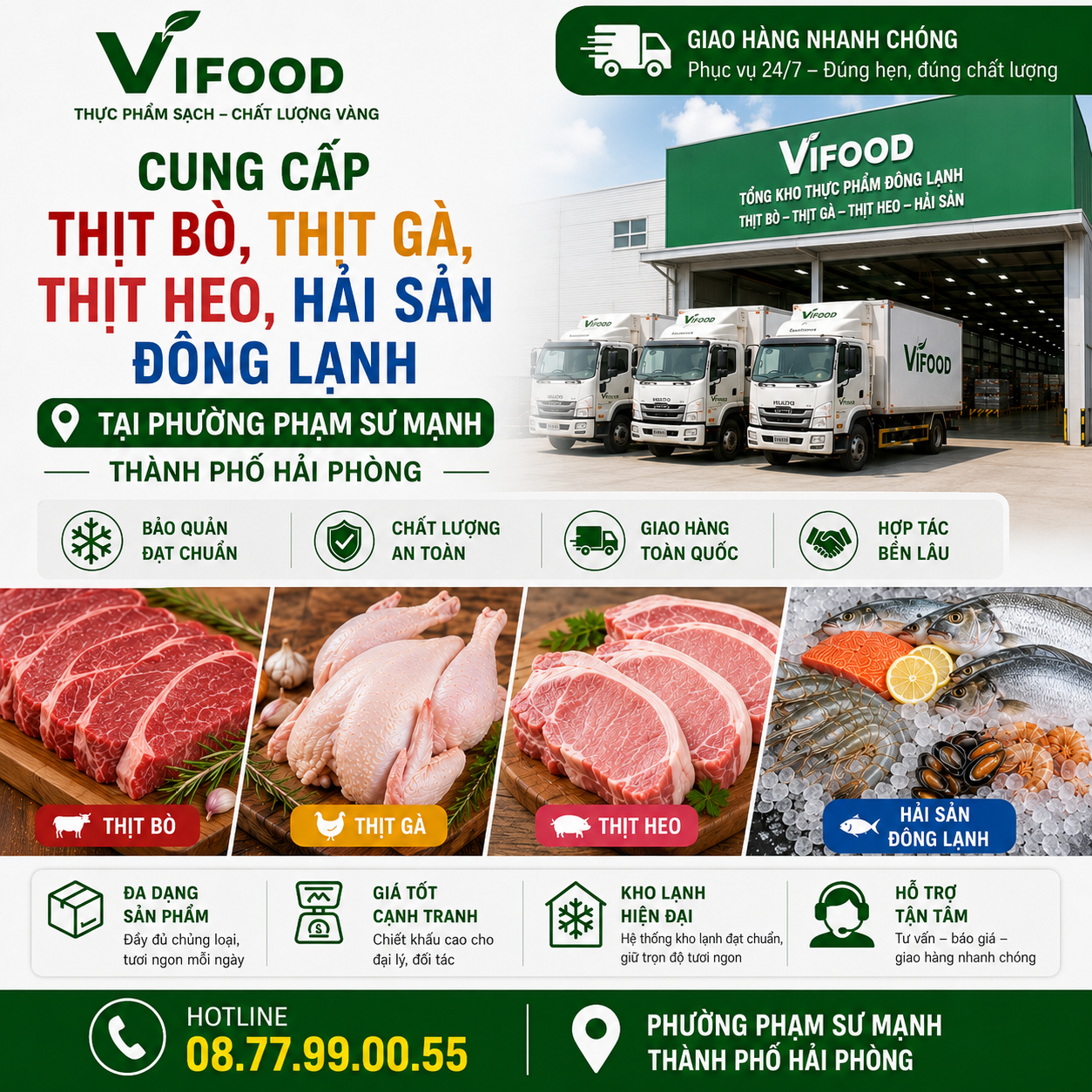 Cung Cấp Thịt Bò, Thịt Gà, Thịt Heo, Hải Sản Đông Lạnh tại Phường Phạm Sư Mạnh, Thành phố Hải Phòng