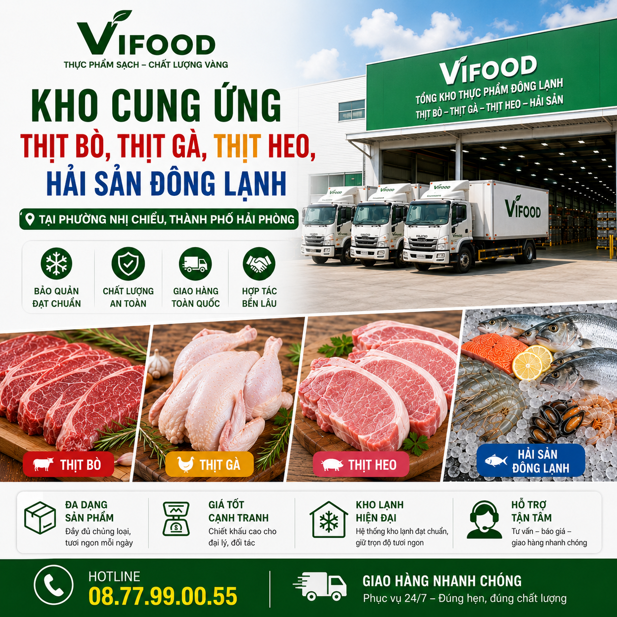 Kho Cung ỨngThịt Bò, Thịt Gà, Thịt Heo, Hải Sản Đông Lạnh tại Phường Nhị Chiểu, Thành phố Hải Phòng
