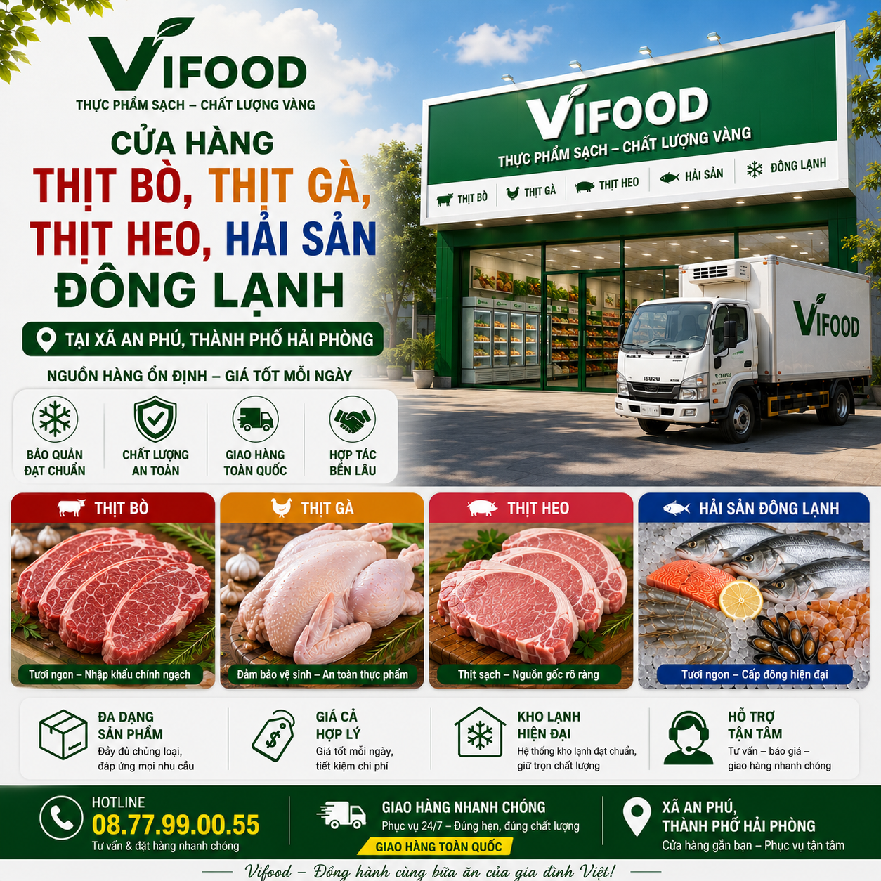 VIFOOD – Cửa hàng Thịt Bò, Thịt Gà, Thịt Heo, Hải Sản Đông Lạnh tại Xã An Phú, Thành phố Hải Phòng