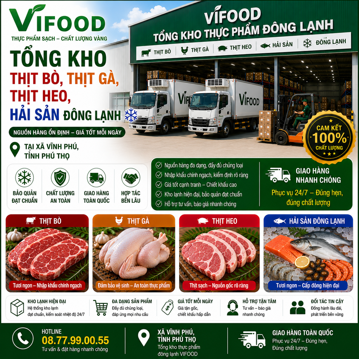 VIFOOD – Tổng Kho Thịt Bò, Thịt Gà, Thịt Heo, Hải Sản Đông Lạnh tại Xã Vĩnh Phú, Tỉnh Phú Thọ