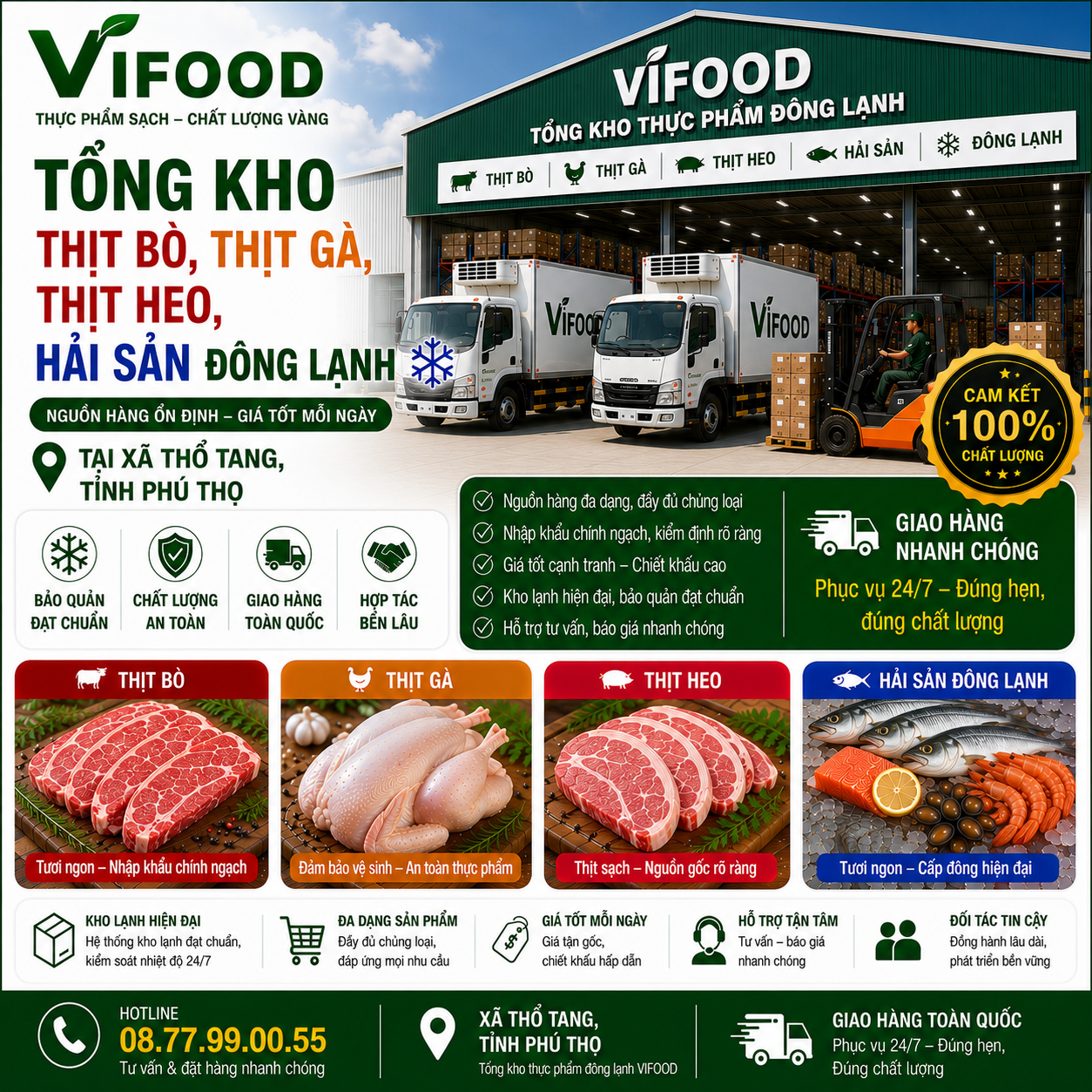 VIFOOD – Tổng Kho Thịt Bò, Thịt Gà, Thịt Heo, Hải Sản Đông Lạnh tại Xã Thổ Tang, Tỉnh Phú Thọ