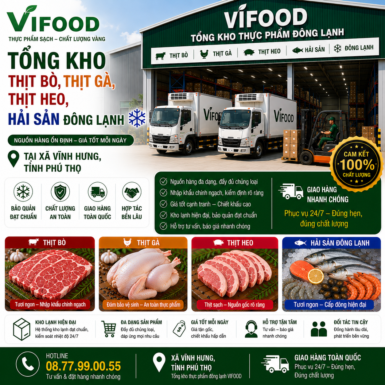 Tổng Kho Thịt Bò, Thịt Gà, Thịt Heo, Hải Sản Đông Lạnh tại Xã Vĩnh Hưng, Tỉnh Phú Thọ