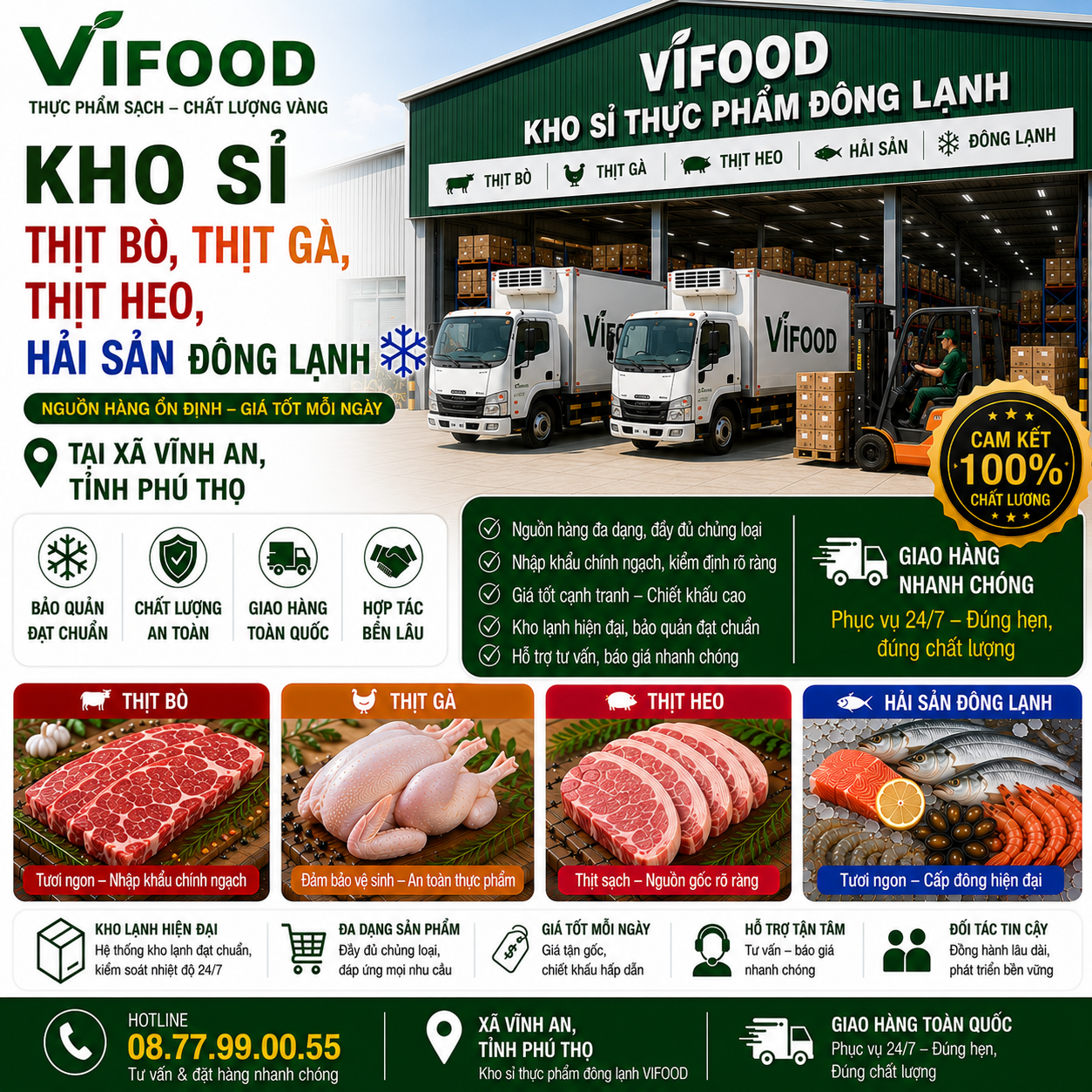  Kho Sỉ Thịt Bò, Thịt Gà, Thịt Heo, Hải Sản Đông Lạnh tại Xã Vĩnh An, Tỉnh Phú Thọ
