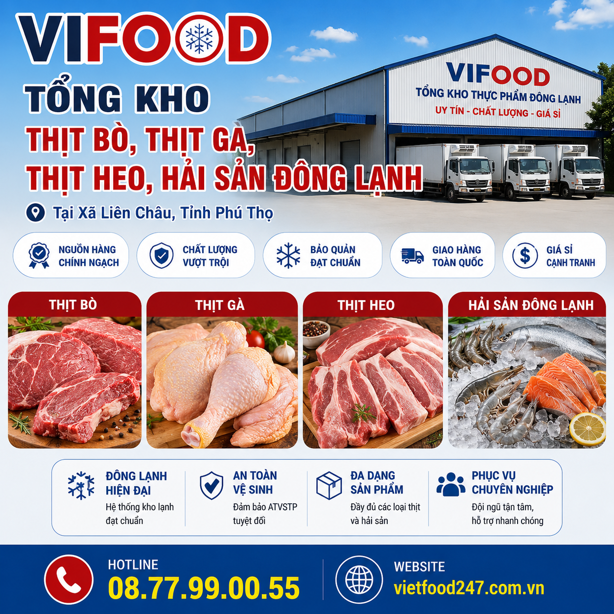 VIFOOD – Tổng Kho Thịt Bò, Thịt Gà, Thịt Heo, Hải Sản Đông Lạnh tại Xã Liên Châu, Tỉnh Phú Thọ