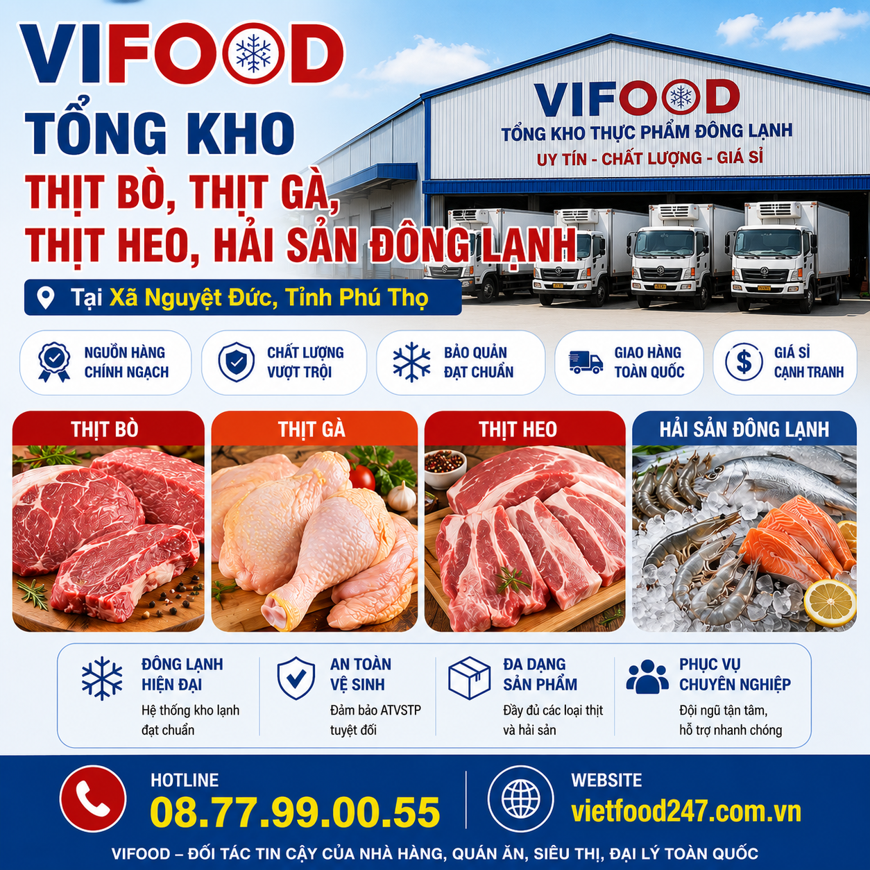 Tổng Kho Thịt Bò, Thịt Gà, Thịt Heo, Hải Sản Đông Lạnh tại Xã Nguyệt Đức, Tỉnh Phú Thọ