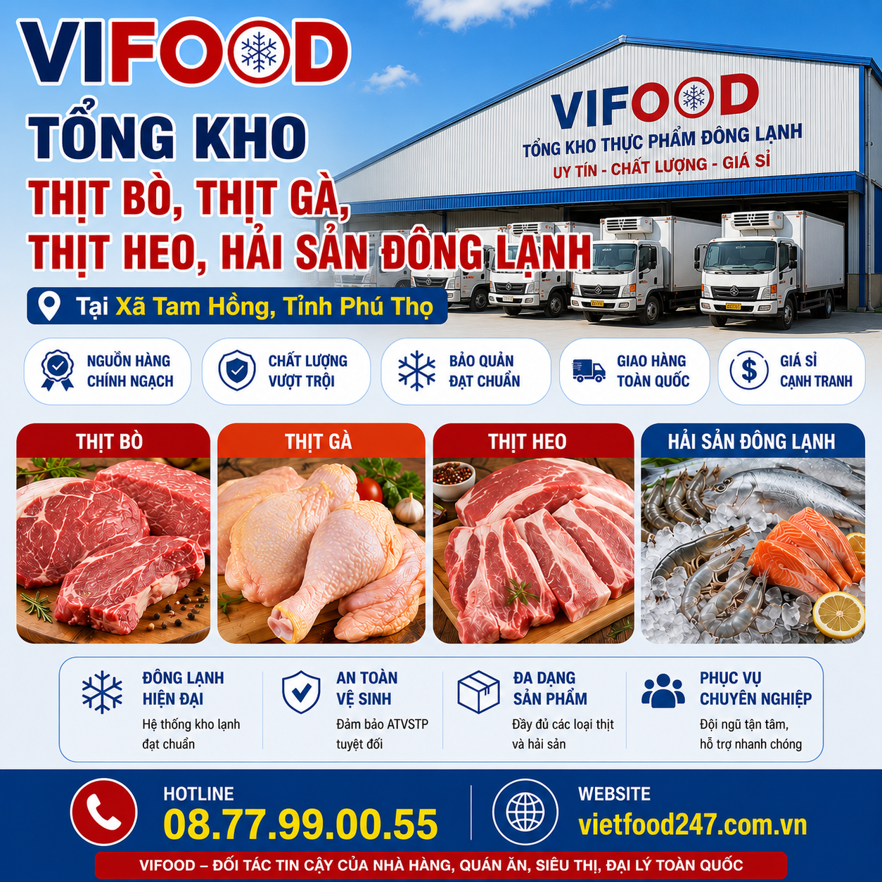 Tổng Kho Thịt Bò, Thịt Gà, Thịt Heo, Hải Sản Đông Lạnh tại Xã Tam Hồng, Tỉnh Phú Thọ