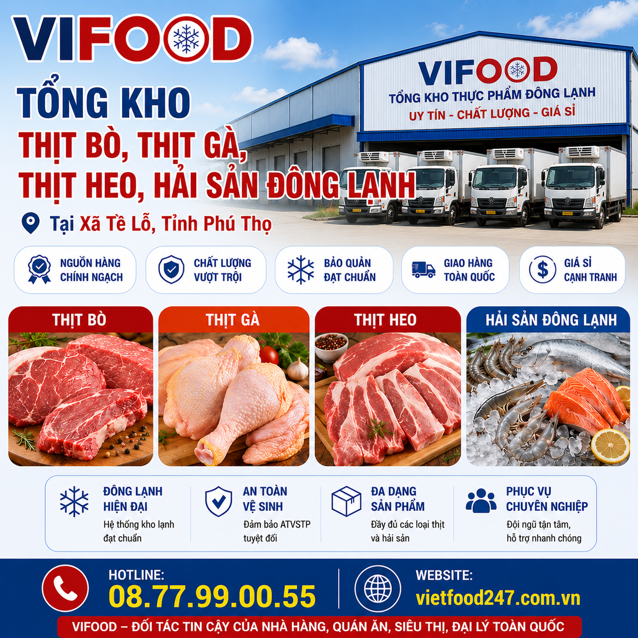  Tổng Kho Thịt Bò, Thịt Gà, Thịt Heo, Hải Sản Đông Lạnh tại Xã Tề Lỗ, Tỉnh Phú Thọ