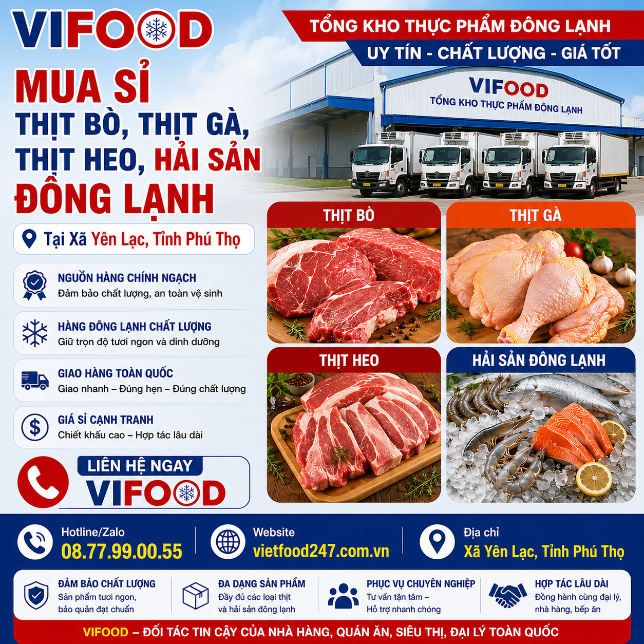 Mua Sỉ Thịt Bò, Thịt Gà, Thịt Heo, Hải Sản Đông Lạnh tại Xã Yên Lạc, Tỉnh Phú Thọ Liên Hệ Vifood