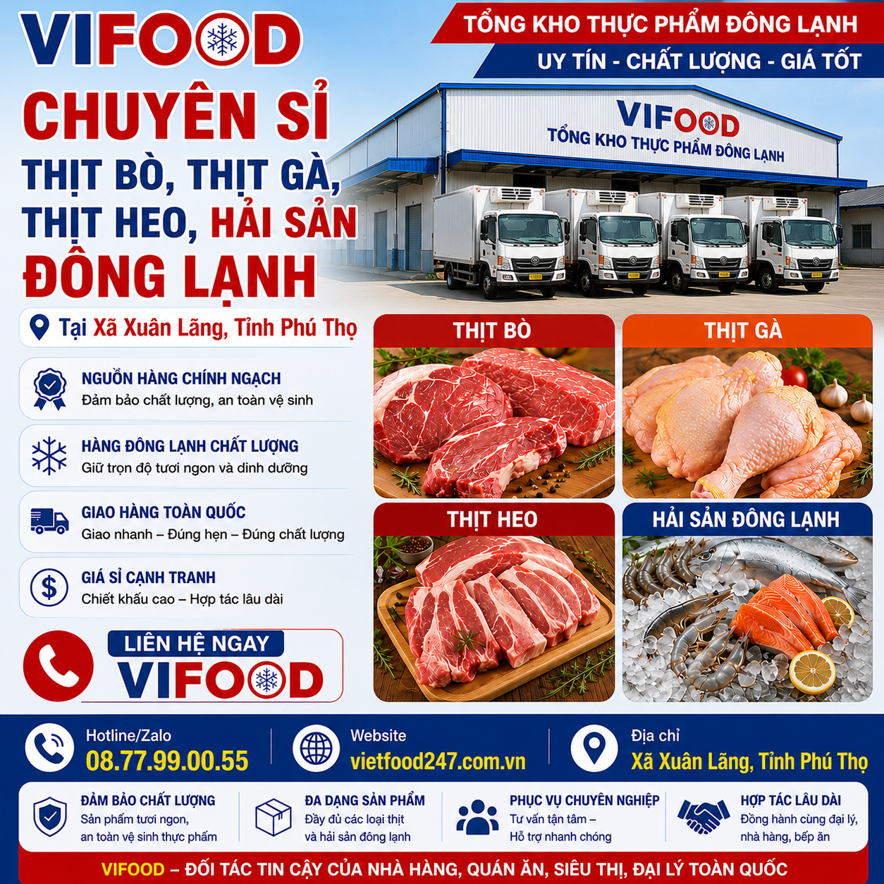 Chuyên Sỉ Thịt Bò, Thịt Gà, Thịt Heo, Hải Sản Đông Lạnh tại Xã Xuân Lãng, Tỉnh Phú Thọ
