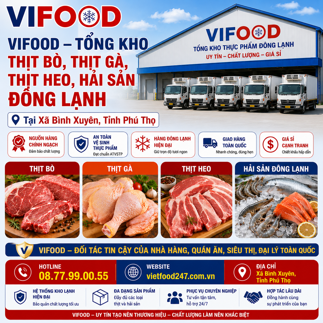 VIFOOD – Tổng Kho Thịt Bò, Thịt Gà, Thịt Heo, Hải Sản Đông Lạnh tại Xã Bình Xuyên, Tỉnh Phú Thọ