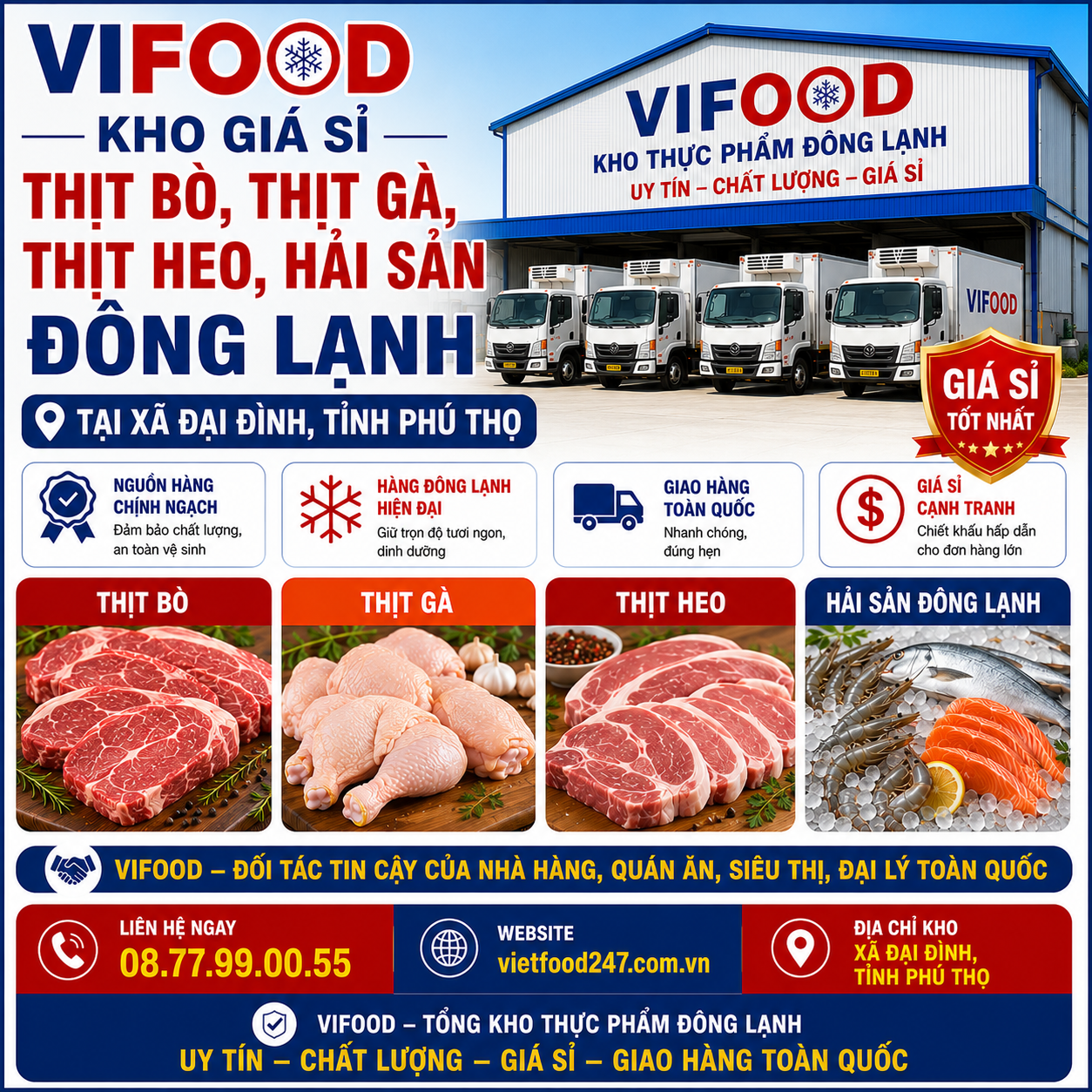 Kho Gía Sỉ Thịt Bò, Thịt Gà, Thịt Heo, Hải Sản Đông Lạnh tại Xã Đại Đình, Tỉnh Phú Thọ