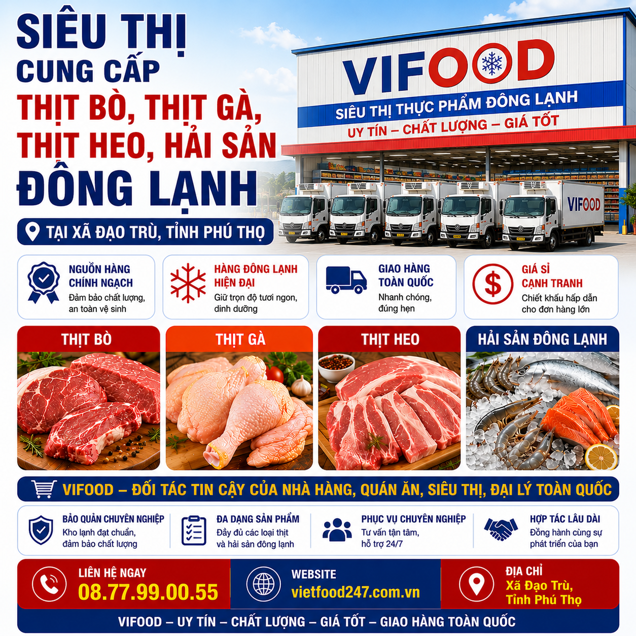 Siêu Thị Cung Cấp Thịt Bò, Thịt Gà, Thịt Heo, Hải Sản Đông Lạnh tại Xã Đạo Trù, Tỉnh Phú Thọ
