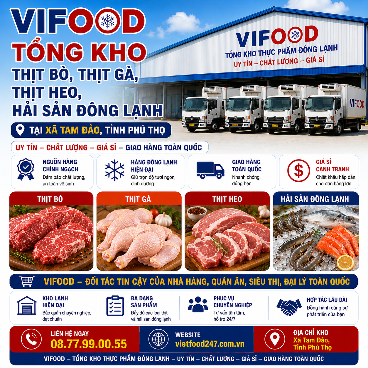Tổng Kho Thịt Bò, Thịt Gà, Thịt Heo, Hải Sản Đông Lạnh tại Xã Tam Đảo, Tỉnh Phú Thọ