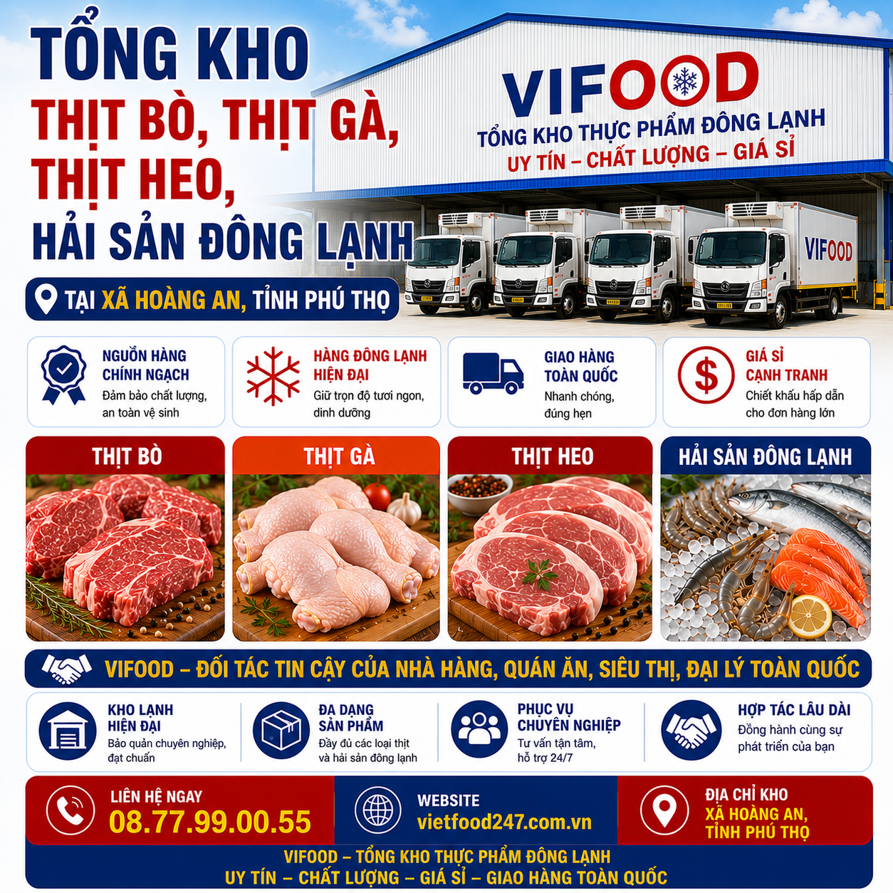  Tổng Kho Thịt Bò, Thịt Gà, Thịt Heo, Hải Sản Đông Lạnh tại Xã Hoàng An, Tỉnh Phú Thọ
