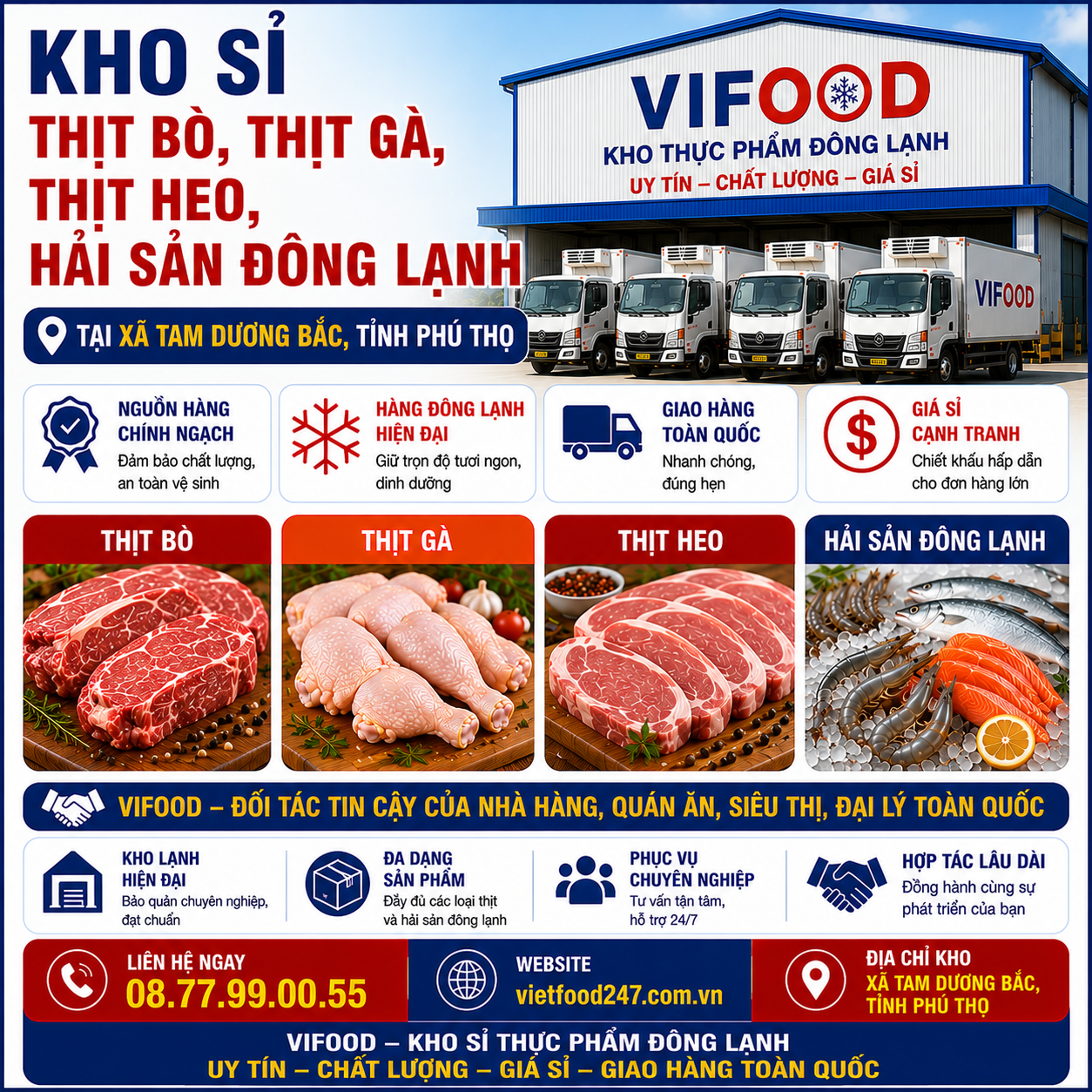 Kho Sỉ Thịt Bò, Thịt Gà, Thịt Heo, Hải Sản Đông Lạnh tại Xã Tam Dương Bắc, Tỉnh Phú Thọ