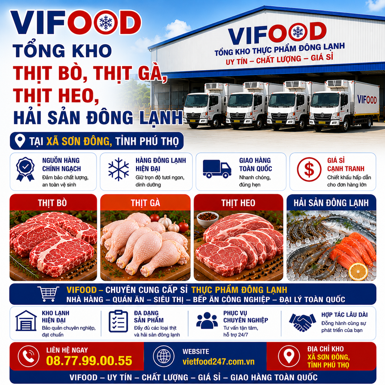 VIFOOD – Tổng Kho Thịt Bò, Thịt Gà, Thịt Heo, Hải Sản Đông Lạnh tại Xã Sơn Đông, Tỉnh Phú Thọ