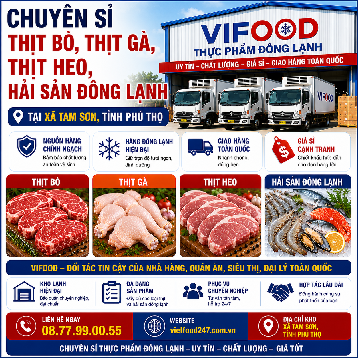 Chuyên Sỉ Thịt Bò, Thịt Gà, Thịt Heo, Hải Sản Đông Lạnh tại Xã Tam Sơn, Tỉnh Phú Thọ