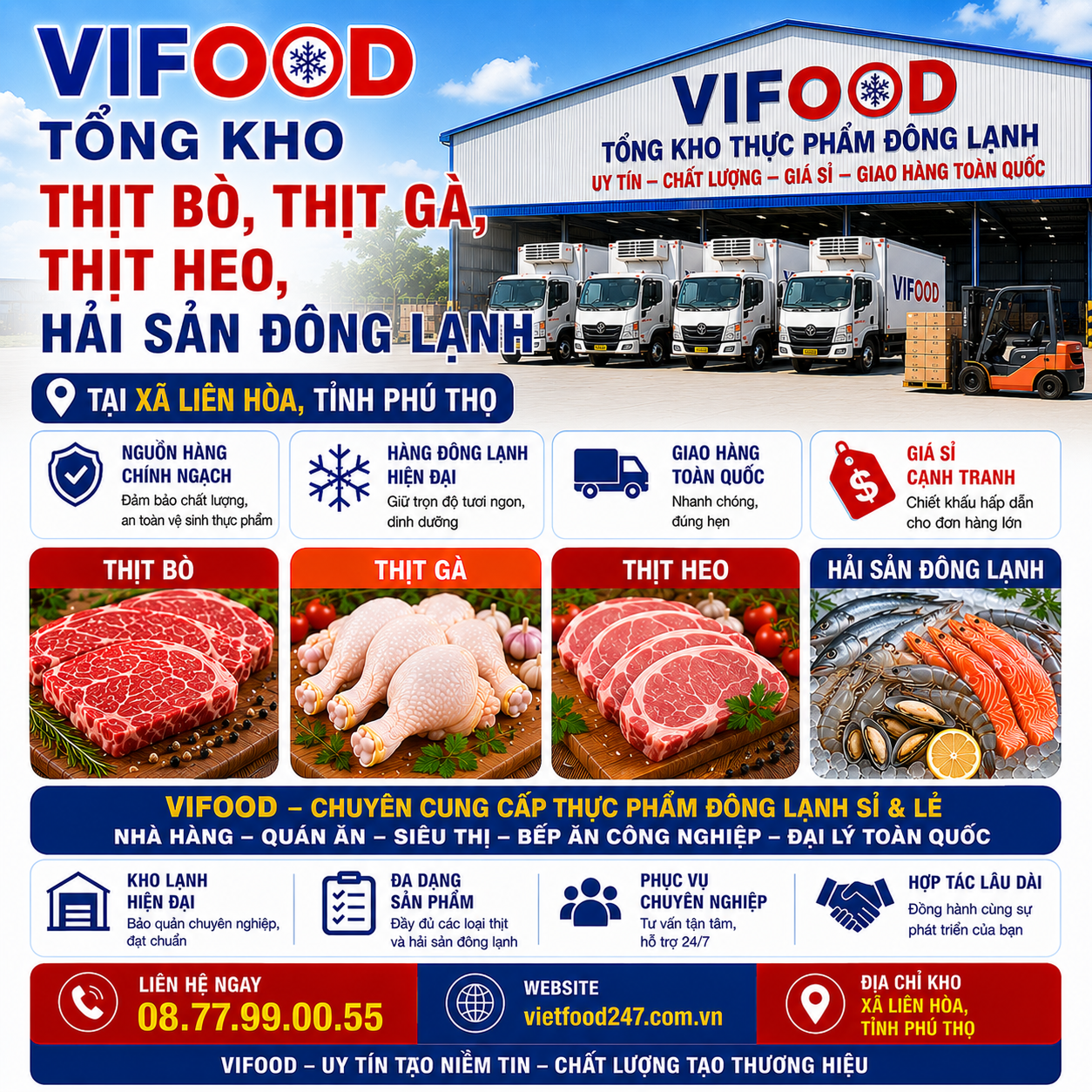 VIFOOD – Tổng Kho Thịt Bò, Thịt Gà, Thịt Heo, Hải Sản Đông Lạnh tại Xã Liên Hòa, Tỉnh Phú Thọ