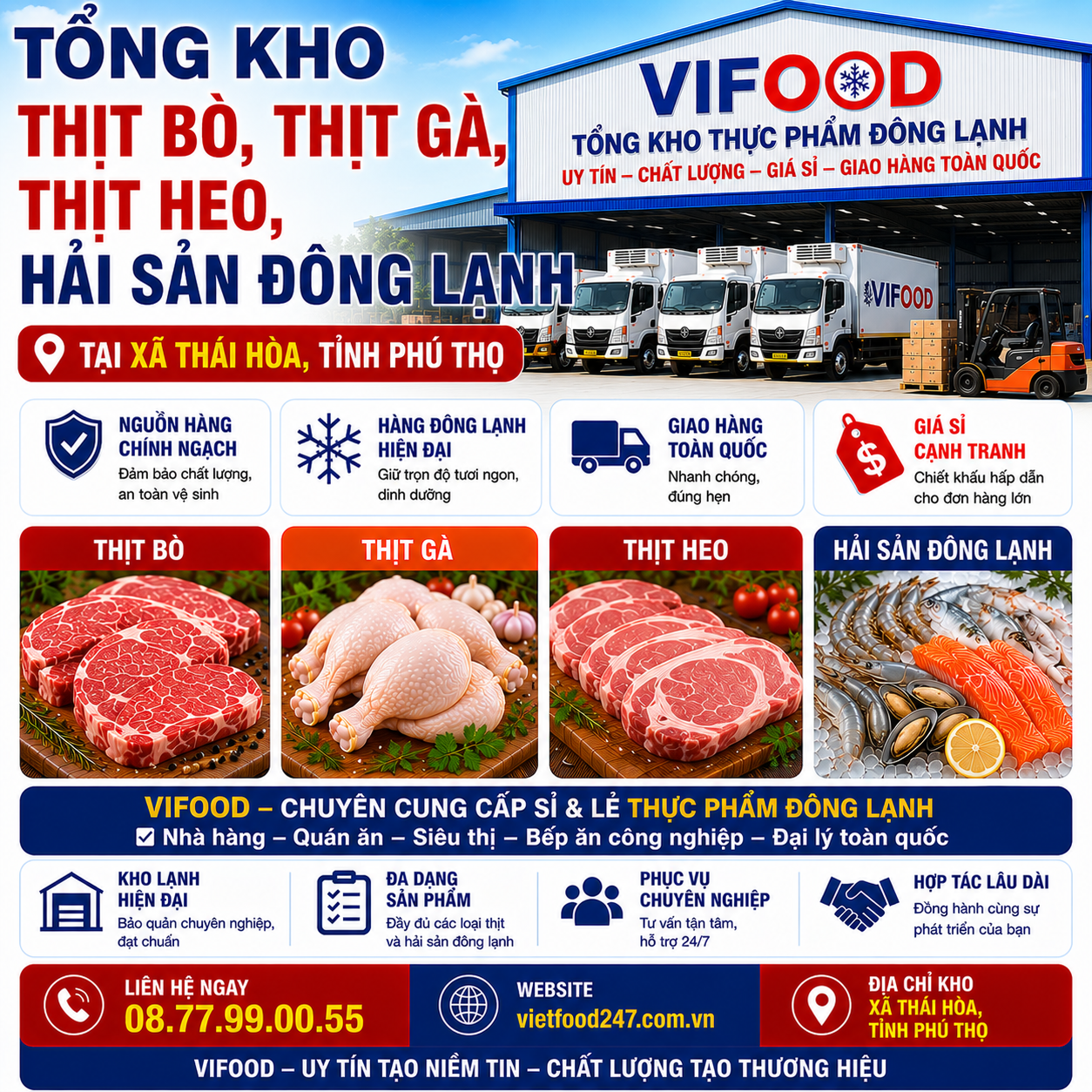  Tổng Kho Thịt Bò, Thịt Gà, Thịt Heo, Hải Sản Đông Lạnh tại Xã Thái Hòa, Tỉnh Phú Thọ