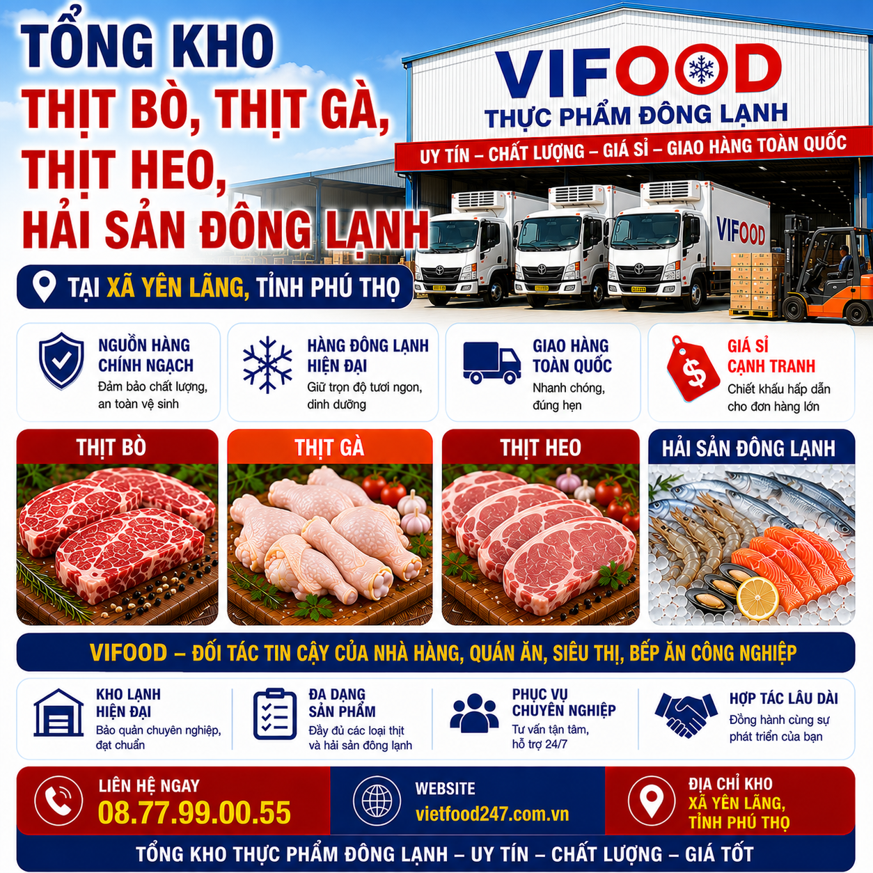 Tổng Kho Thịt Bò, Thịt Gà, Thịt Heo, Hải Sản Đông Lạnh tại Xã Yên Lãng, Tỉnh Phú Thọ