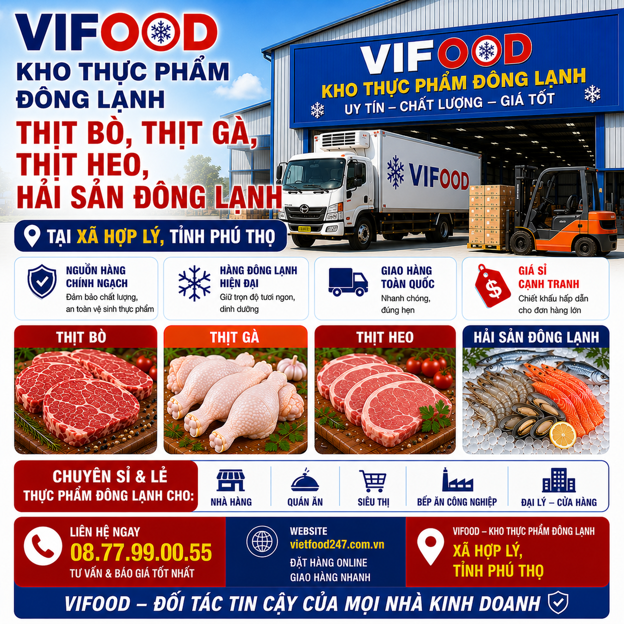 VIFOOD – Kho Thịt Bò, Thịt Gà, Thịt Heo, Hải Sản Đông Lạnh tại Xã Hợp Lý, Tỉnh Phú Thọ