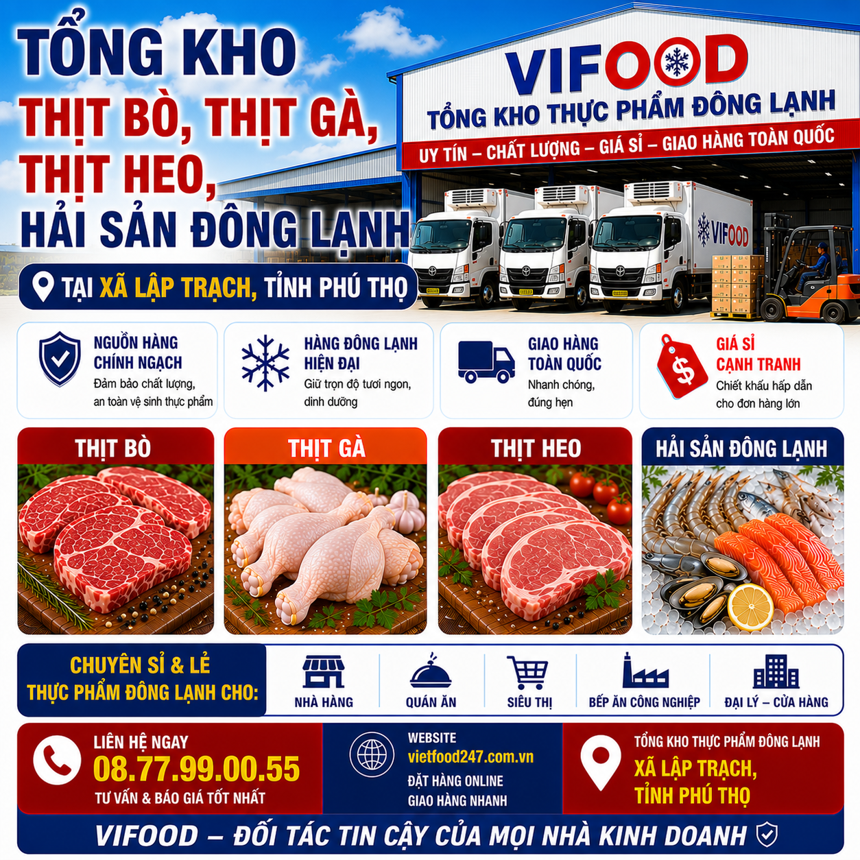 Tổng Kho Thịt Bò, Thịt Gà, Thịt Heo, Hải Sản Đông Lạnh tại Xã Lập Trạch, Tỉnh Phú Thọ