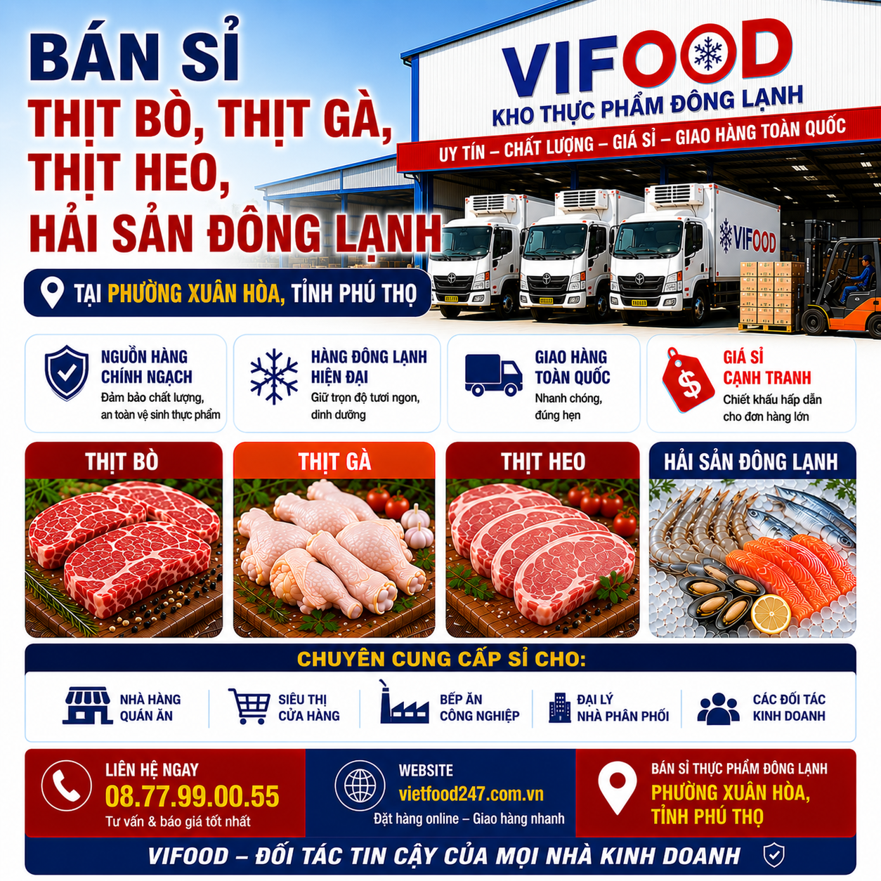 Bán Sỉ Thịt Bò, Thịt Gà, Thịt Heo, Hải Sản Đông Lạnh tại Phường Xuân Hòa, Tỉnh Phú Thọ