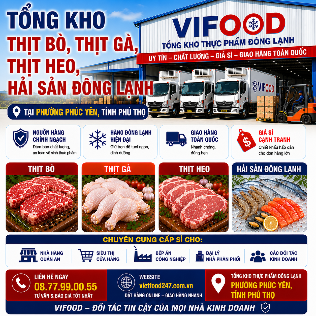 Tổng Kho Thịt Bò, Thịt Gà, Thịt Heo, Hải Sản Đông Lạnh tại Phường Phúc Yên, Tỉnh Phú Thọ