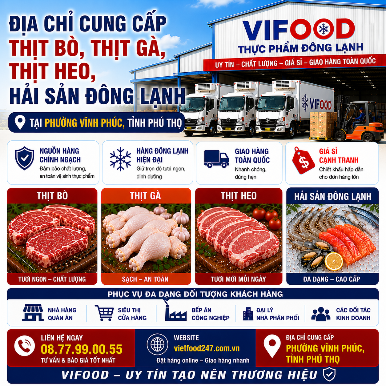 Địa chỉ cung cấp Thịt Bò, Thịt Gà, Thịt Heo, Hải Sản Đông Lạnh tại Phường Vĩnh Phúc, Tỉnh Phú Thọ