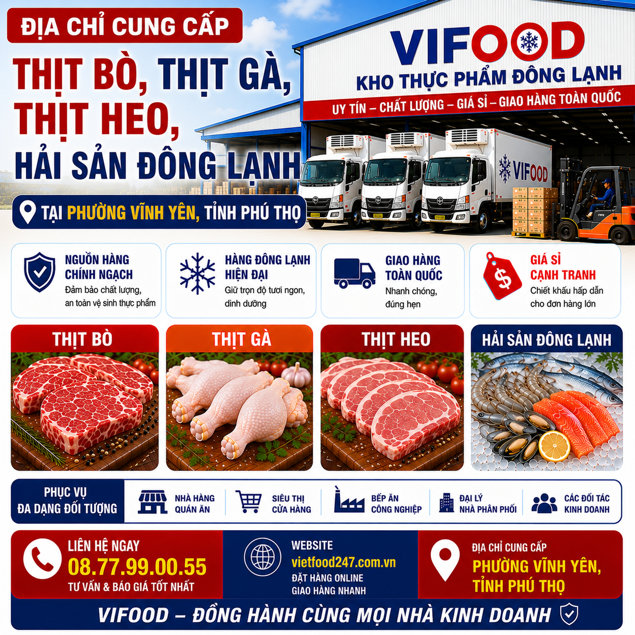Địa chỉ cung cấp Thịt Bò, Thịt Gà, Thịt Heo, Hải Sản Đông Lạnh tại Phường Vĩnh Yên, Tỉnh Phú Thọ