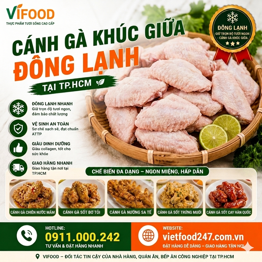 Cánh Gà Khúc Giữa Đông Lạnh – Nguyên Liệu Cho Món Chiên, Nướng Hấp Dẫn