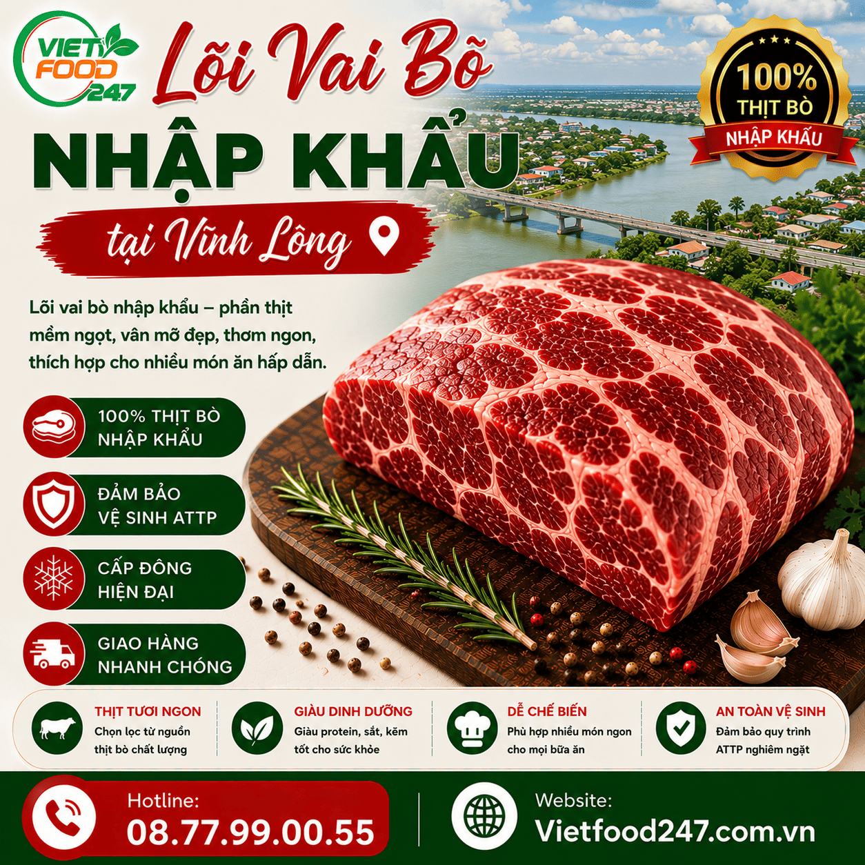 Phân Phối Lõi Vai Bò Nhập Khẩu tại Vĩnh Long Cho Nhà Hàng, Quán Steak