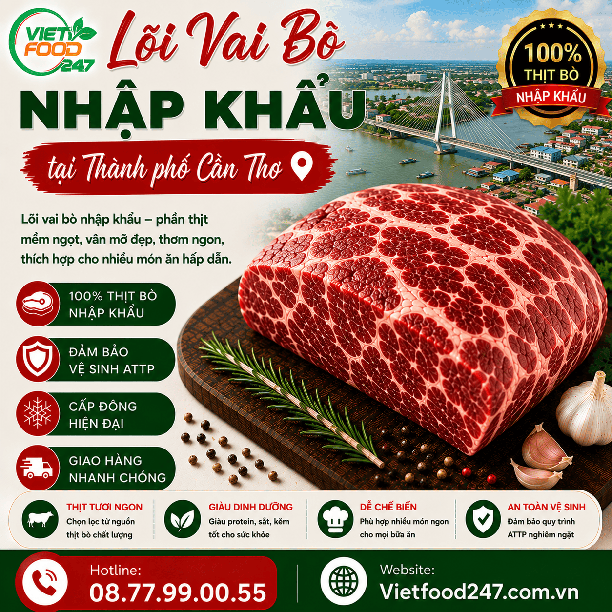 Phân Phối Lõi Vai Bò Nhập Khẩu tại Thành phố Cần Thơ Cho Nhà Hàng, Khách Sạn