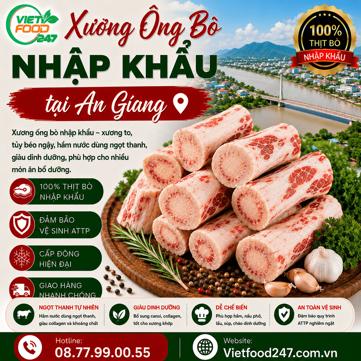 Xương Ống Bò Nhập Khẩu tại An Giang Cho Nhà Hàng, Quán Phở